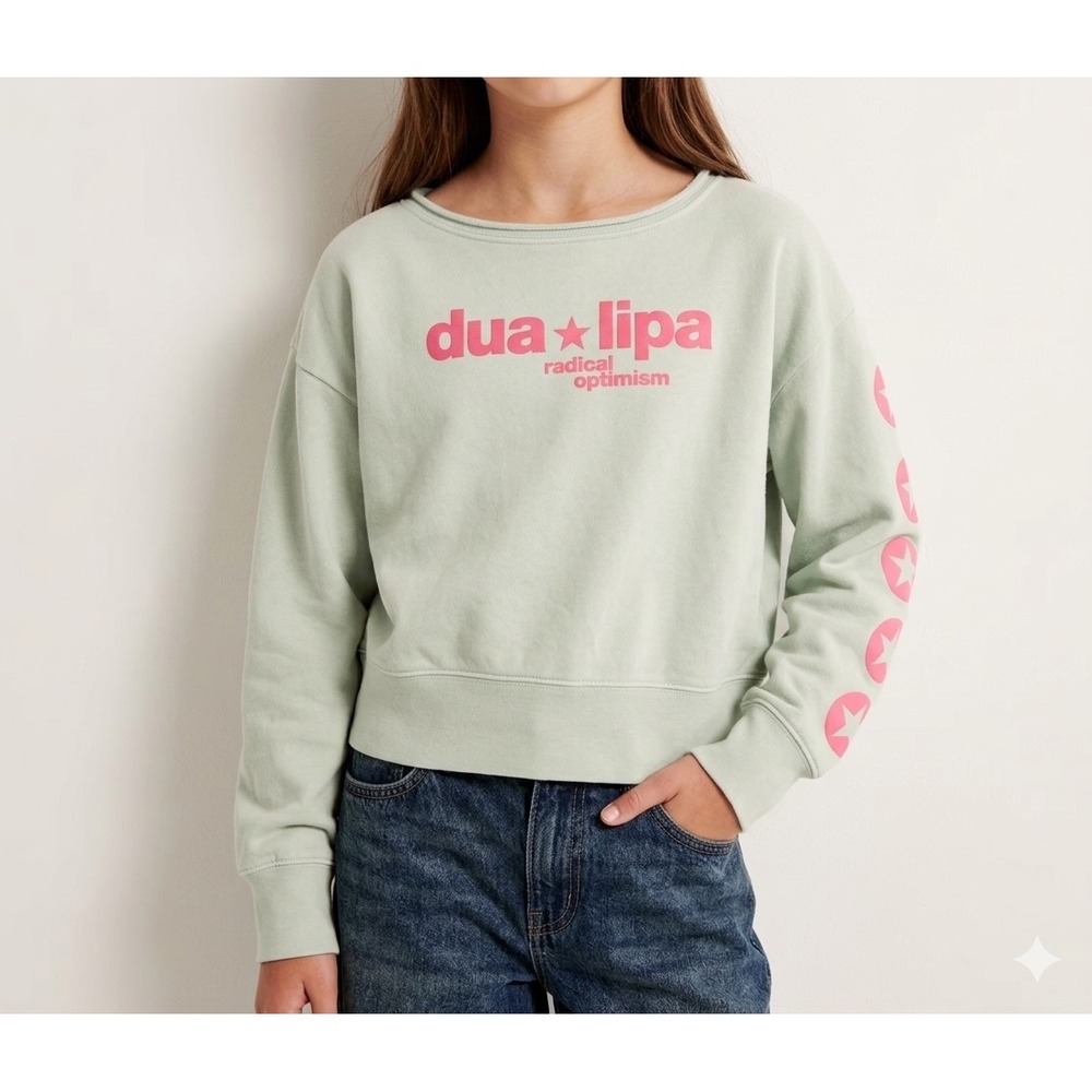 Abercrombie Kids Dua Lipa Radical Optimism Sweatshirt Mint Green Pink Size 11/12
